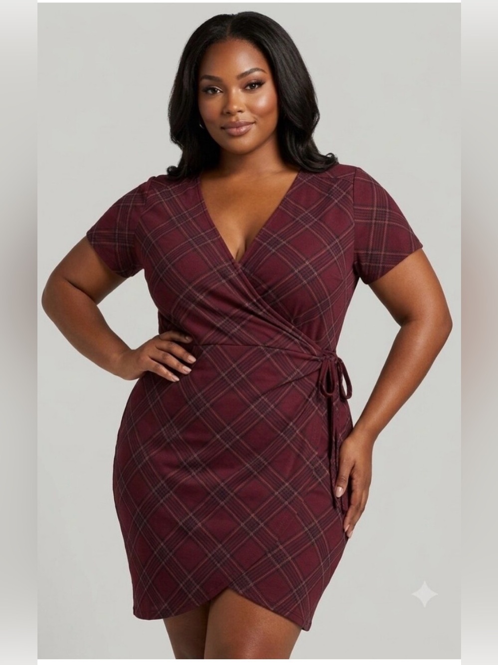 NWT Maroon Plaid V-Neck Knee Length Front Wrap Dress Plus 2X